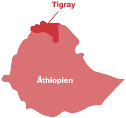 Map of Ethiopia in red, with the region of Tigray in the north highlighted in a darker shade of red.