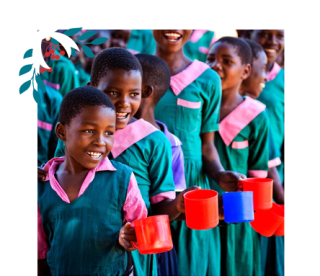 Children standing in line holding out their mugs.